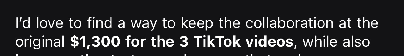 Brand deal message confirming $1,300 for 3 TikTok videos