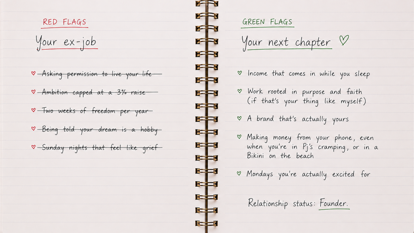 Open notebook showing red flags of your ex-job on the left page and green flags of your next chapter on the right page