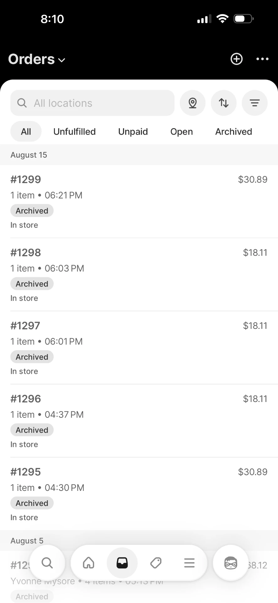 Shopify orders list showing multiple paid customer orders in one day