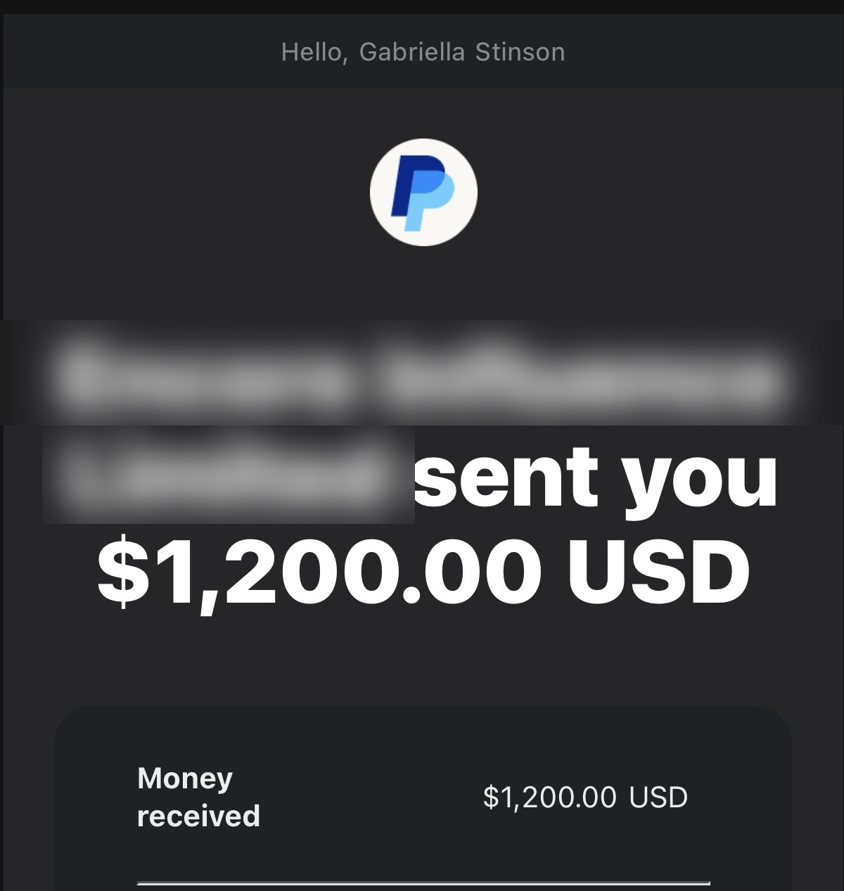 PayPal payment of $1,200 received from a brand partnership