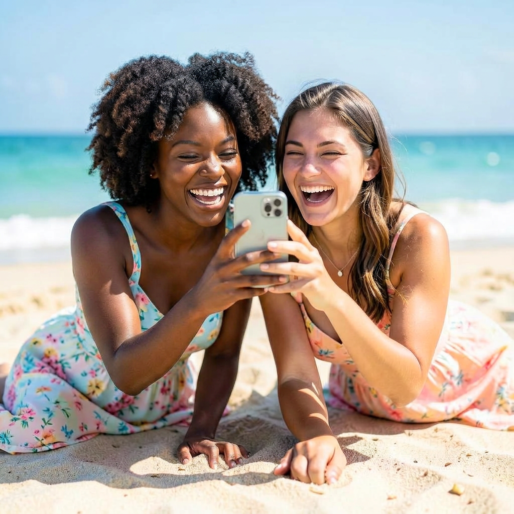 Two best friends lying on the beach laughing while checking commissions on a phone.
