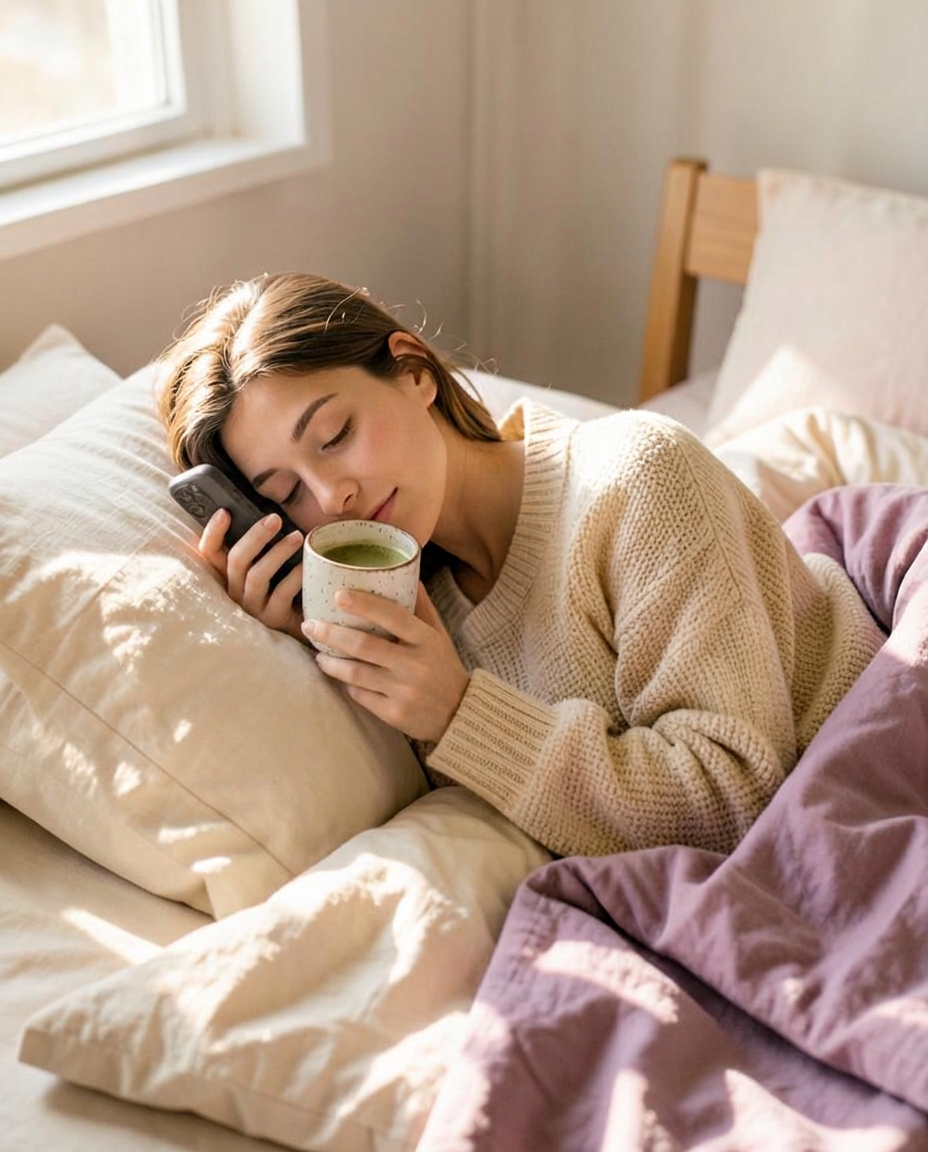 Woman curled up in bed with her phone and a matcha latte on a slow morning.